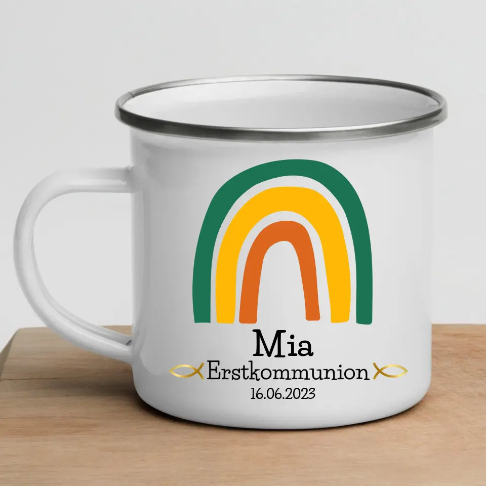 Grüne Regenbogen Emaille Tasse zur Erstkommunion