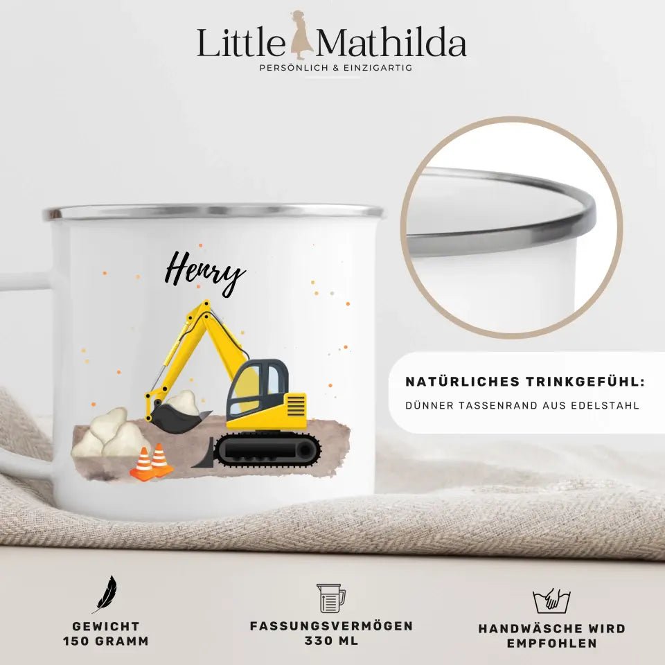 Emaille Tasse Kindertasse Bagger, Feuerwehr und Traktor Little Mathilda