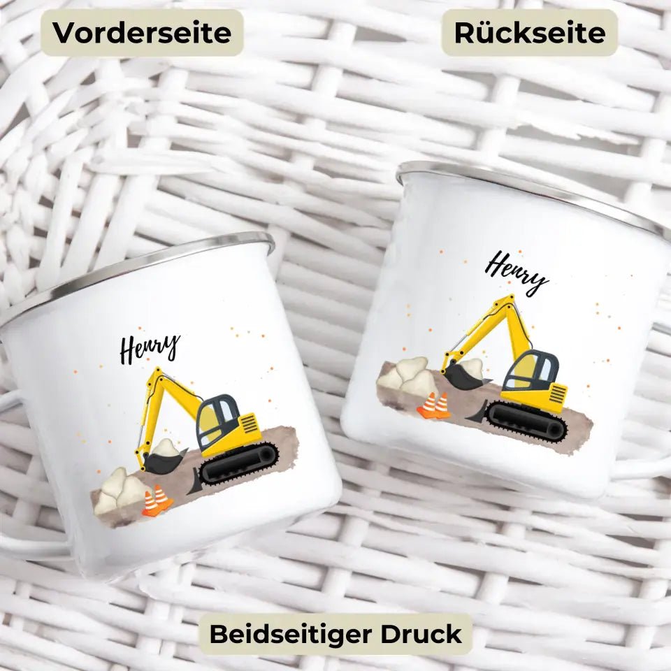 Emaille Tasse Kindertasse Bagger, Feuerwehr und Traktor Little Mathilda