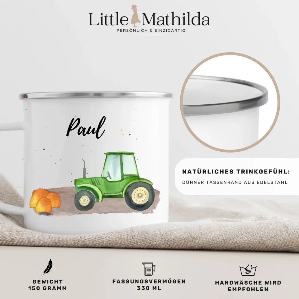 Emaille Tasse Kindertasse Traktor im Heu Little Mathilda