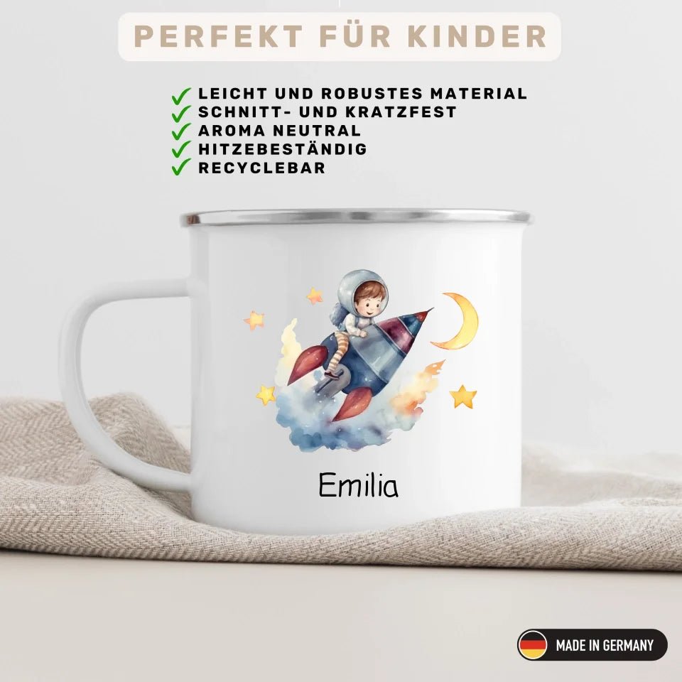 Emaille Tasse Mondflieger Rakete Little Mathilda