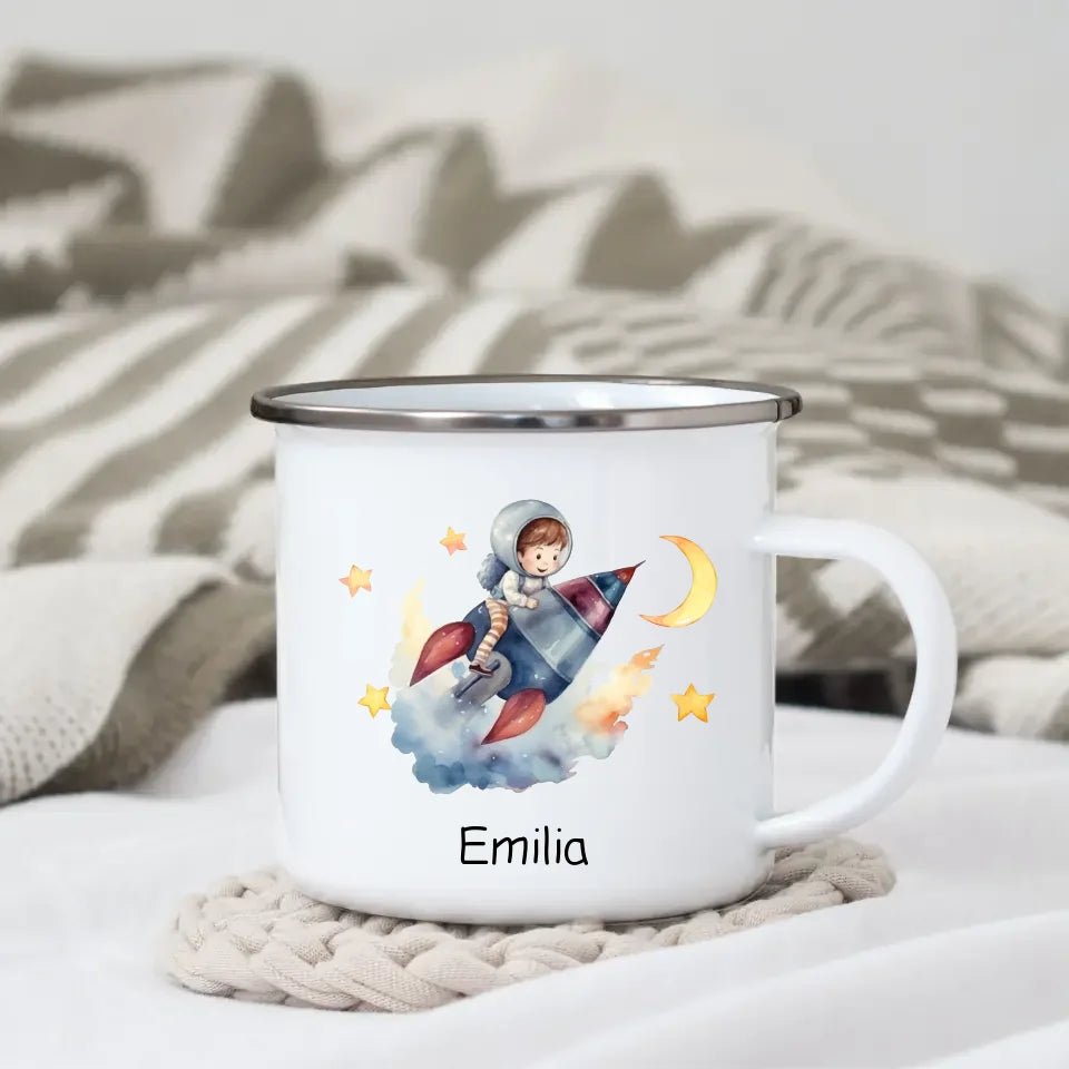 Emaille Tasse Mondflieger Rakete Little Mathilda