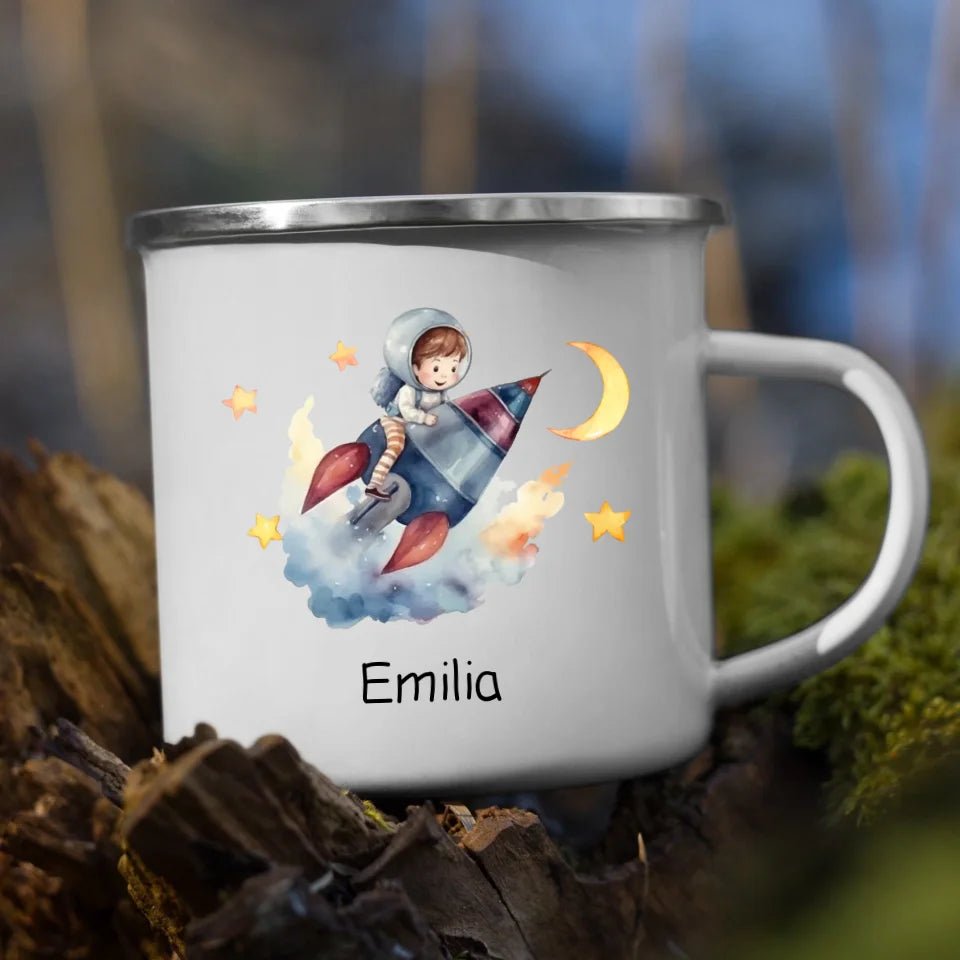 Emaille Tasse Mondflieger Rakete Little Mathilda