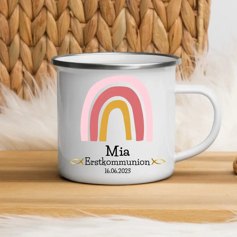 Emaille Tasse Tasse zur Erstkommunion rosa Regenbogen Little Mathilda