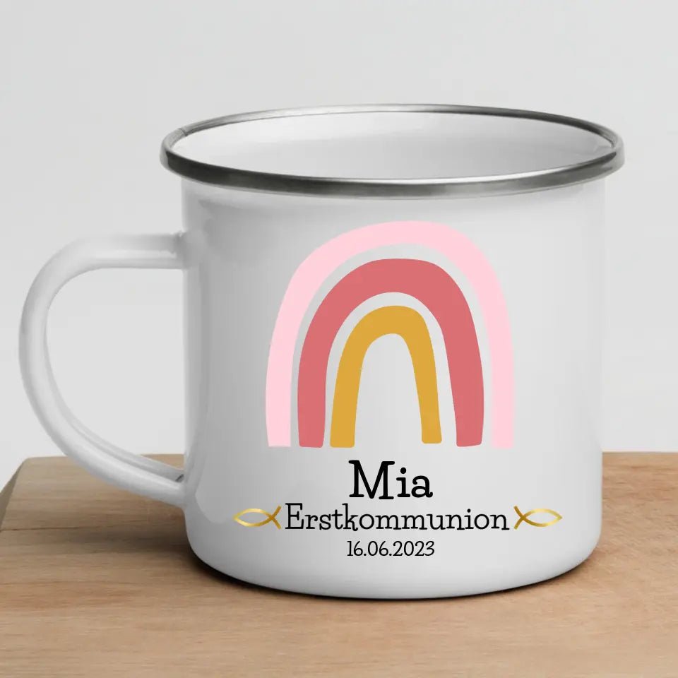 Emaille Tasse Tasse zur Erstkommunion rosa Regenbogen Little Mathilda