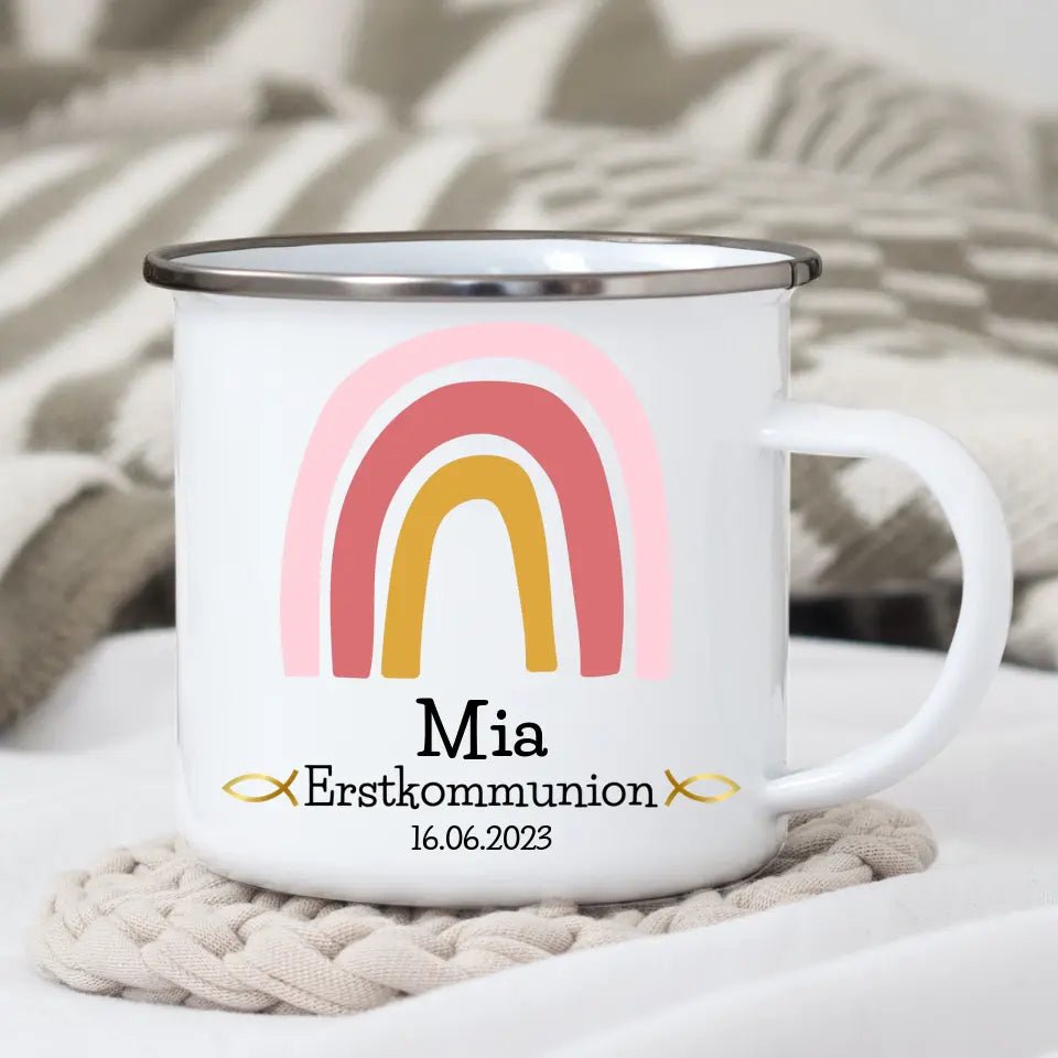 Emaille Tasse Tasse zur Erstkommunion rosa Regenbogen Little Mathilda