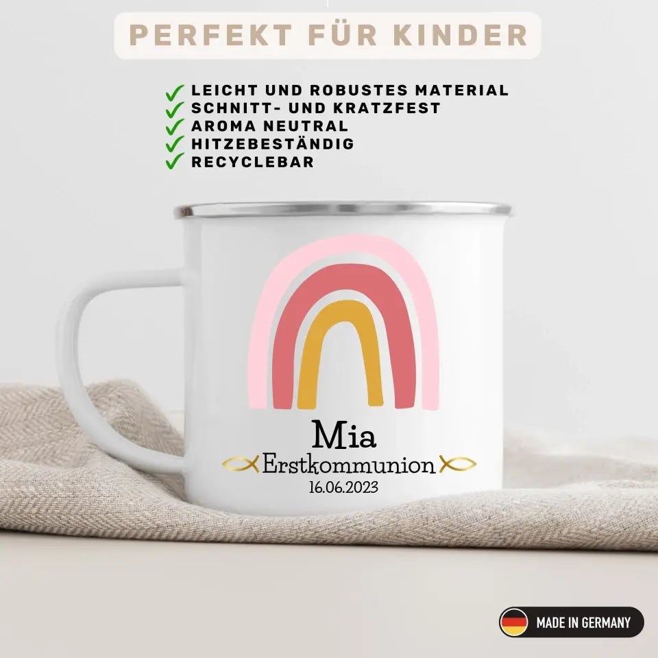 Emaille Tasse Tasse zur Erstkommunion rosa Regenbogen Little Mathilda