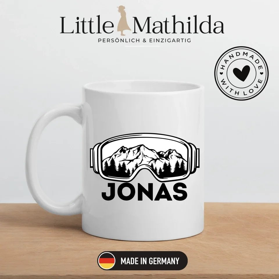 Keramik Tasse, Emaille Tasse Skifahrer Tasse mit Namen Little Mathilda