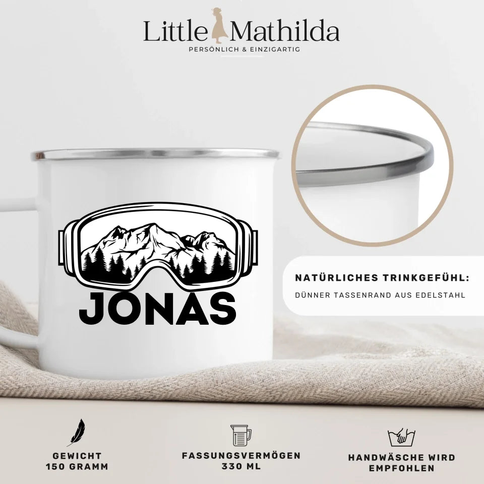 Keramik Tasse, Emaille Tasse Skifahrer Tasse mit Namen Little Mathilda