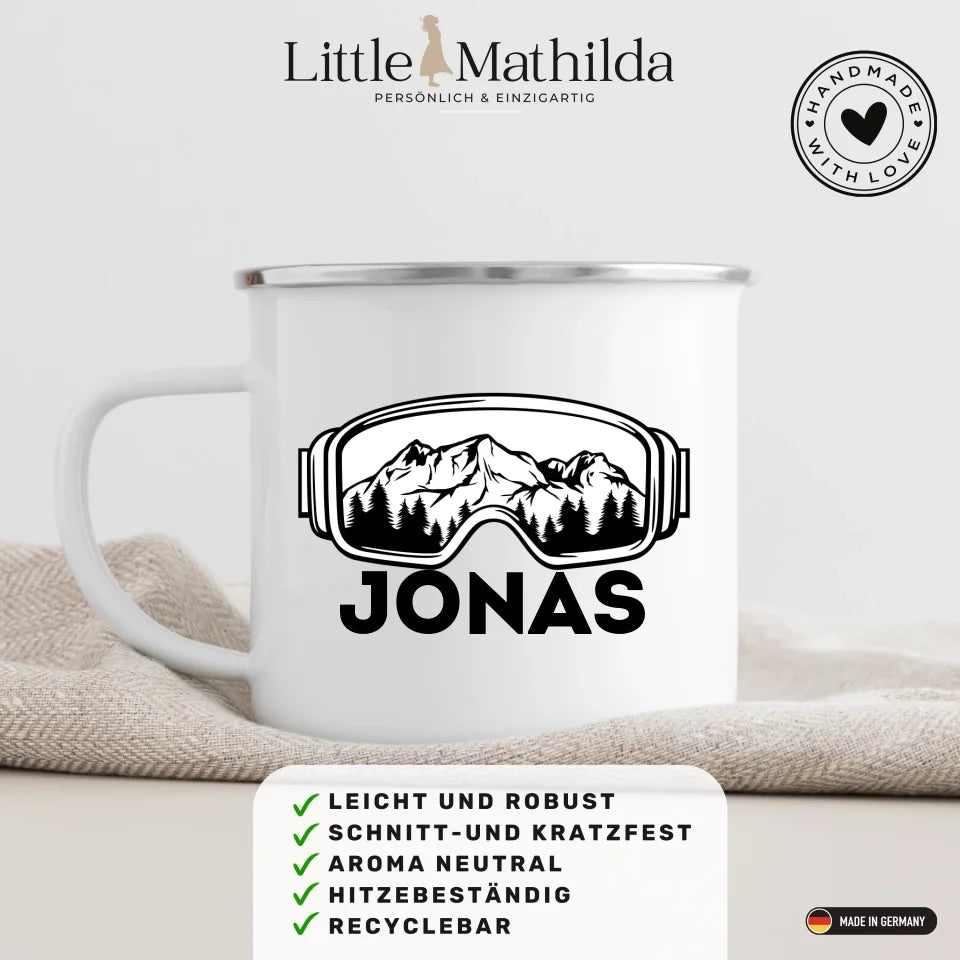 Keramik Tasse, Emaille Tasse Skifahrer Tasse mit Namen Little Mathilda