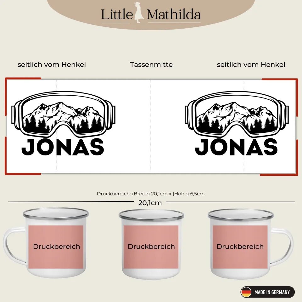 Keramik Tasse, Emaille Tasse Skifahrer Tasse mit Namen Little Mathilda